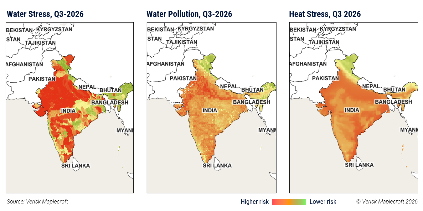 Figure 2: Key commercial and tech hubs like Chennai, Hyderabad and Bengaluru face high or extreme risk from water and heat-related risks 