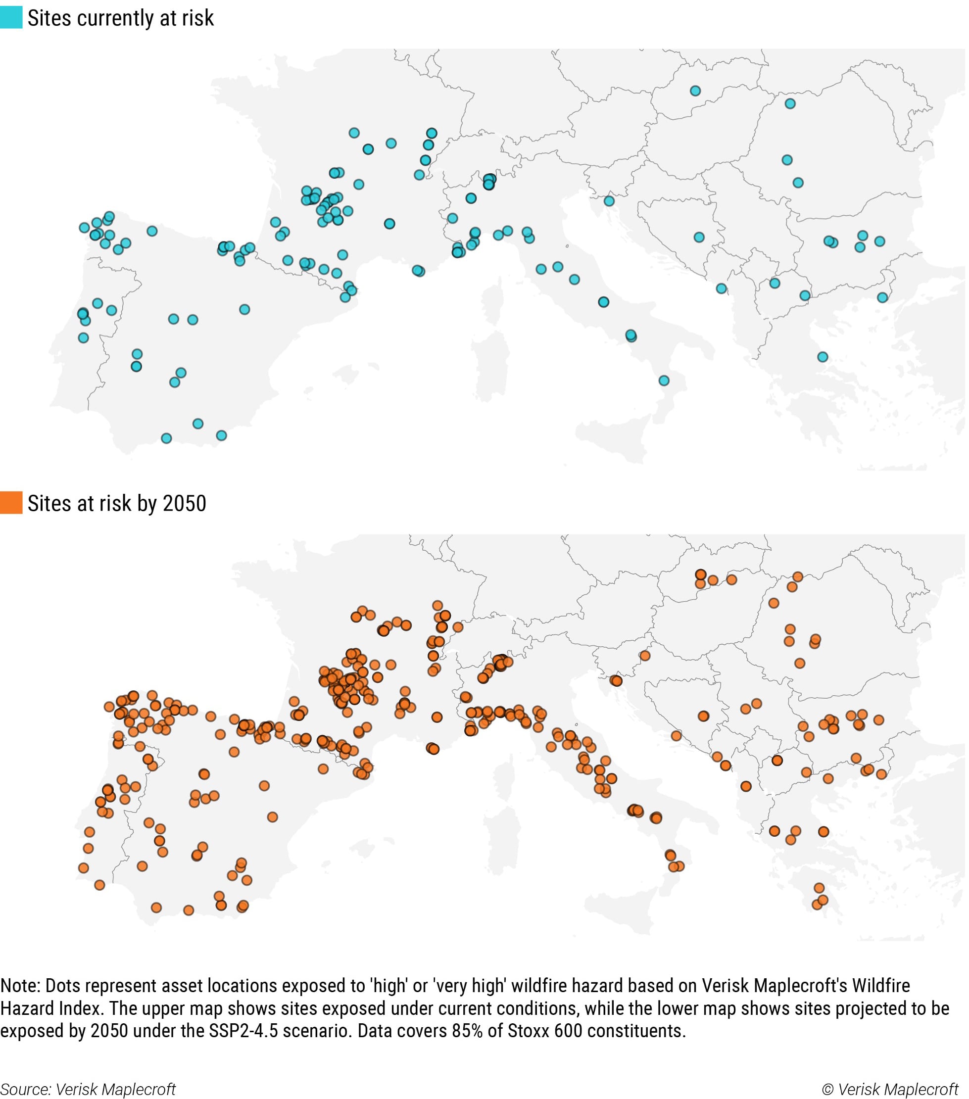 Figure 1: Wildfire exposure across European corporate assets expands sharply by 2050