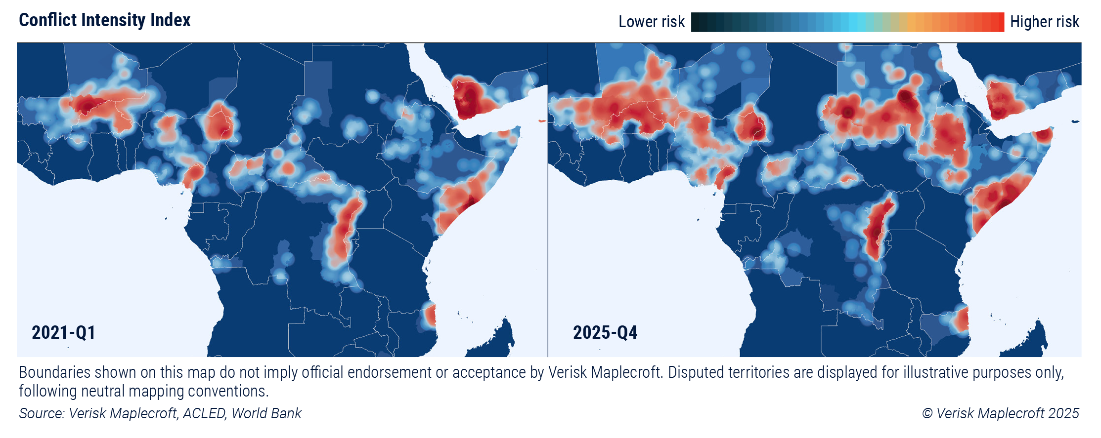 Figure 2: Africa’s ‘conflict corridor’ of distinct civil wars and insurgencies has more than doubled in size since 2021